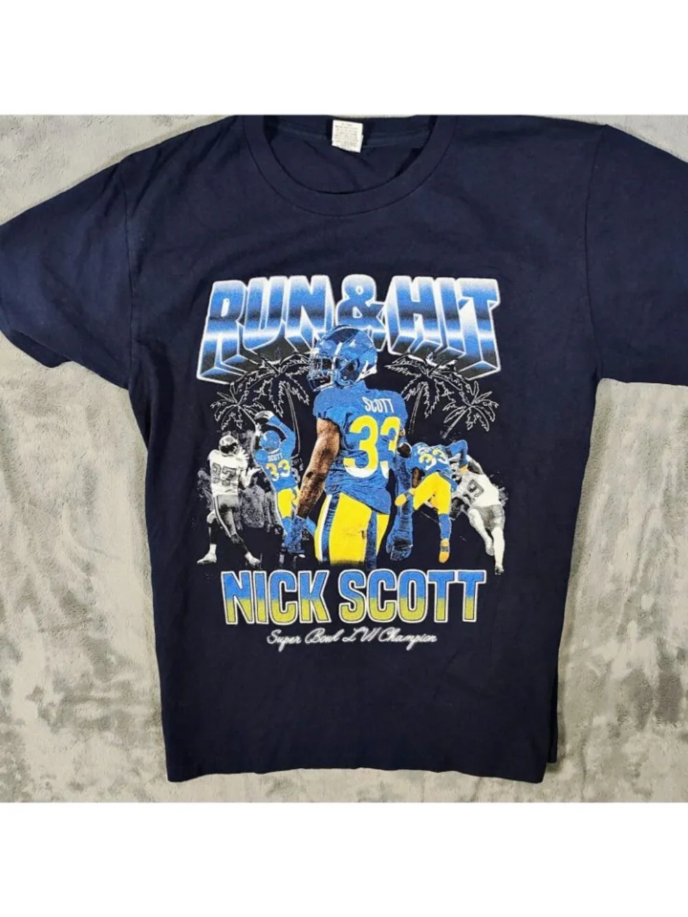 Run & Hit Nick Scott Super Bowl LVI Champion Rams Navy Graphic T-Shirt (Youth L)